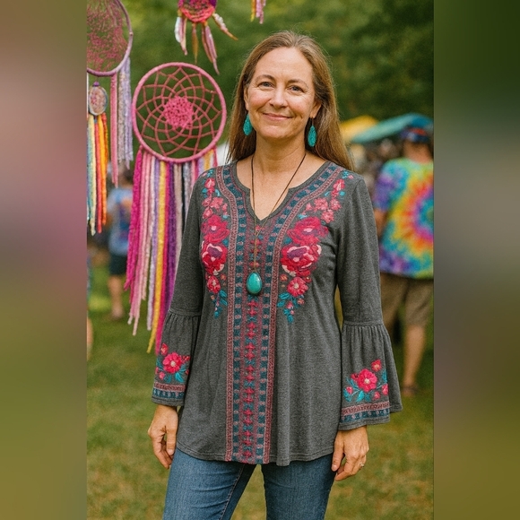 ANDREE BY UNIT Tops - Small Oversized Floral Embroidered Tunic W/ Western Boho Free Spirit Flowy